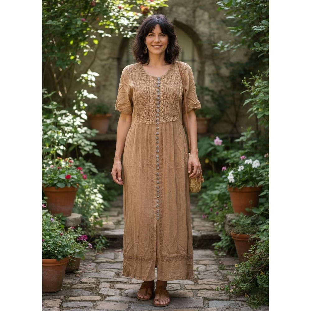 24 Karat Dress Womens Size M‎ Tan Boho Hippie Crochet Trim Button Front Maxi NEW